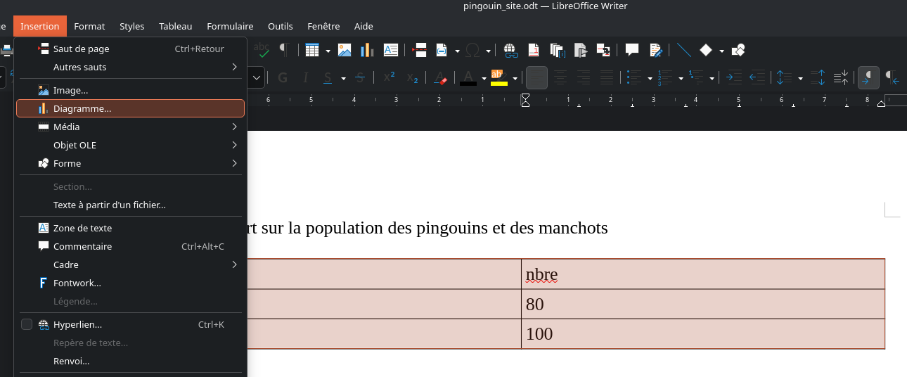 selection de tableau et menu